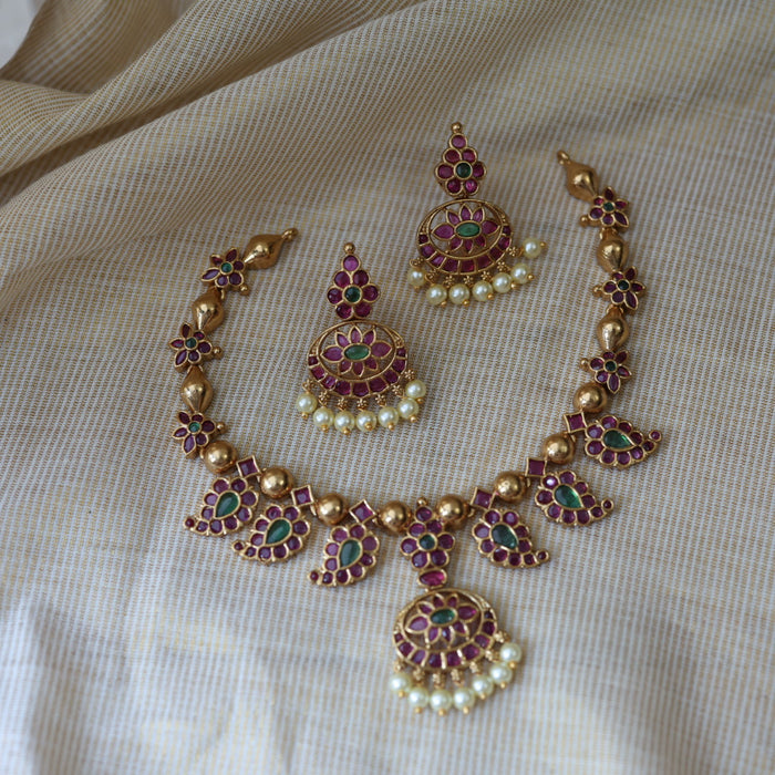Antique ruby stone short necklace with earrings RUB263