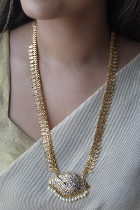 Heritage gold plated white stone mango long padakam necklace HL7011
