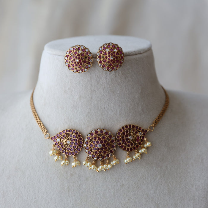 Antique ruby stone choker necklace with earrings CCB19023