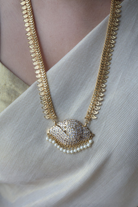 Heritage gold plated white stone mango long padakam necklace HL7011