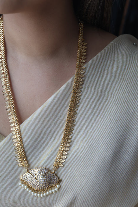 Heritage gold plated white stone mango long padakam necklace HL7011