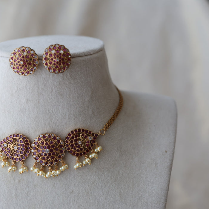 Antique ruby stone choker necklace with earrings CCB19023