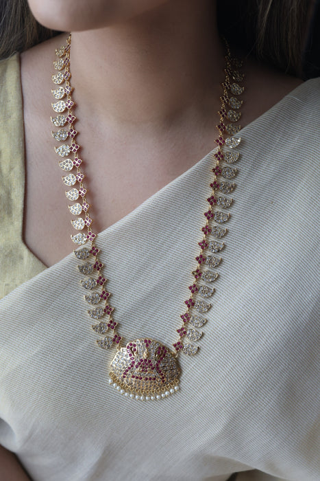 Heritage gold plated ruby white stone mango long necklace  HL7253