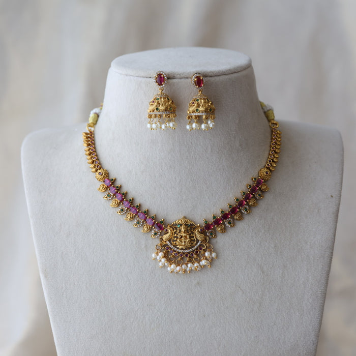 Antique ruby stone short necklace with earrings RUB1121111