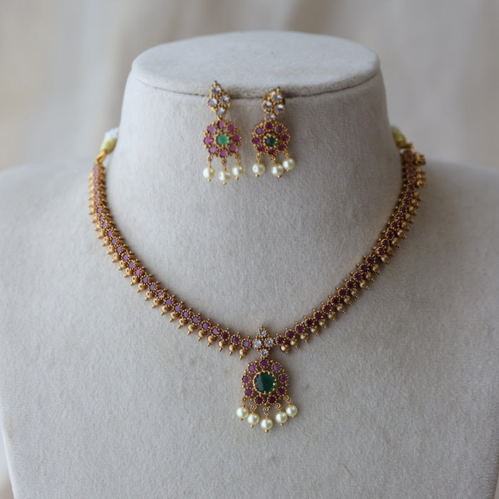 Antique ruby stone short necklace with earrings RUB11221