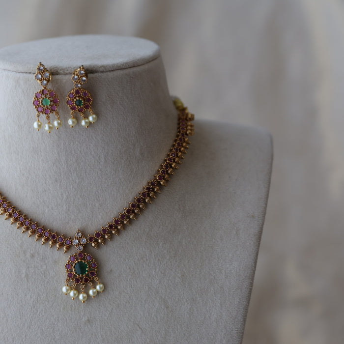 Antique ruby stone short necklace with earrings RUB11221