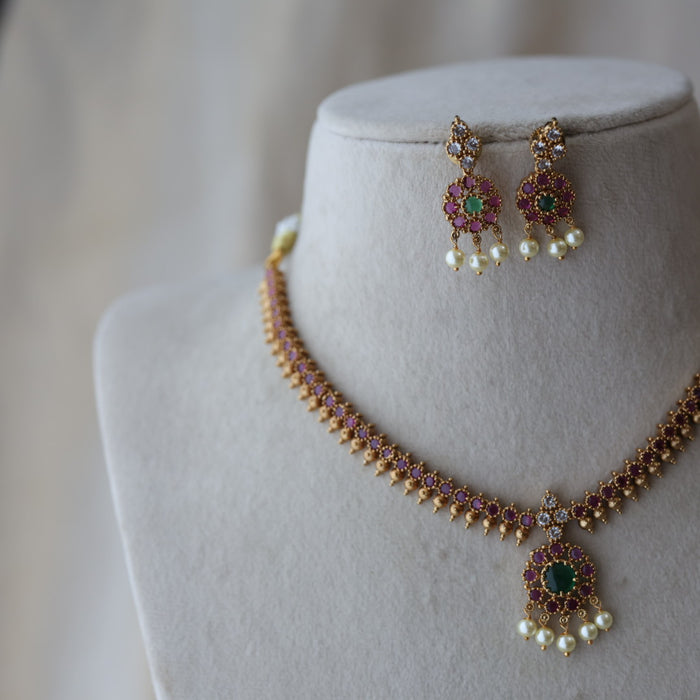 Antique ruby stone short necklace with earrings RUB11221