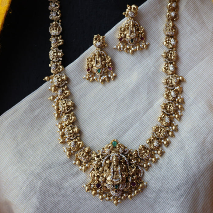 Antique white stone temple design long necklace and earrings LL02767
