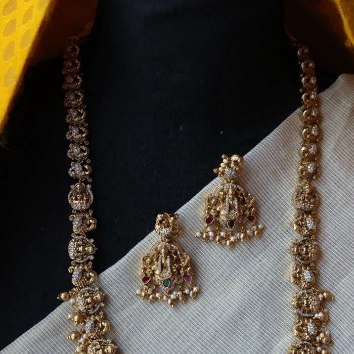 Antique white stone temple design long necklace and earrings LL02767