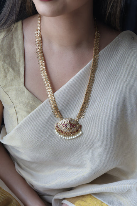 Heritage gold plated ruby white stone mango long padakam necklace HL521
