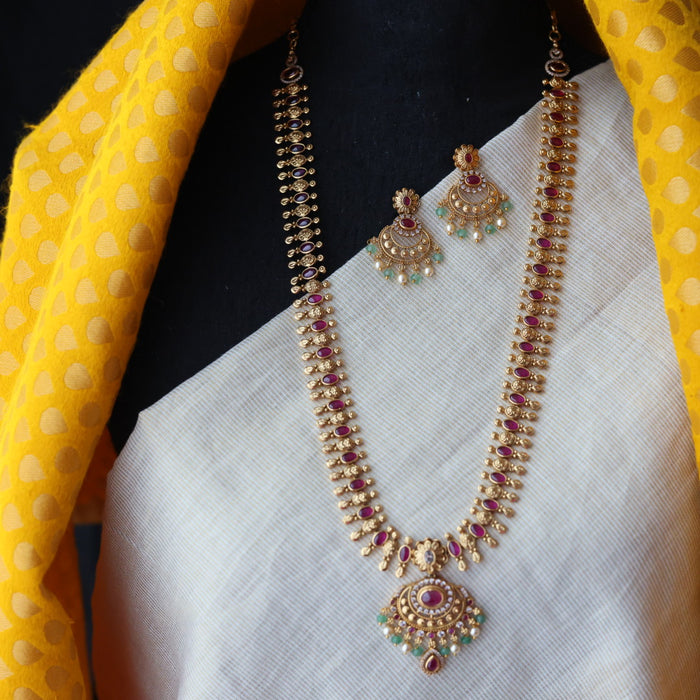 Antique green bead long necklace with earrings  LL03894