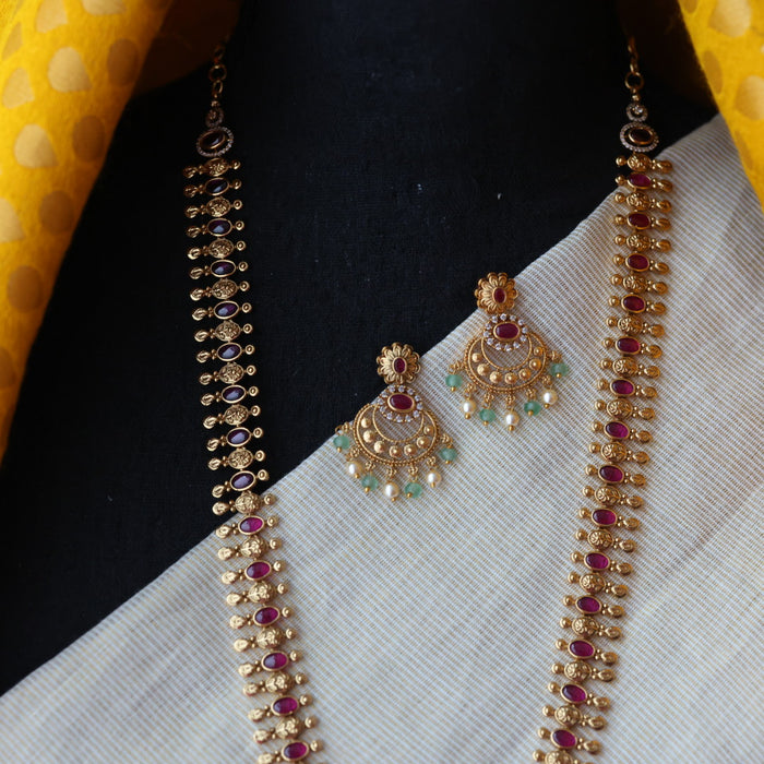 Antique green bead long necklace with earrings  LL03894