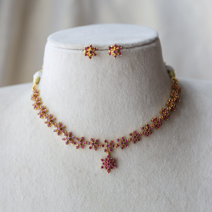 Heritage gold plated ruby stone short necklace necklace with earrings H3011