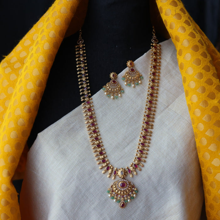 Antique green bead long necklace with earrings  LL03894