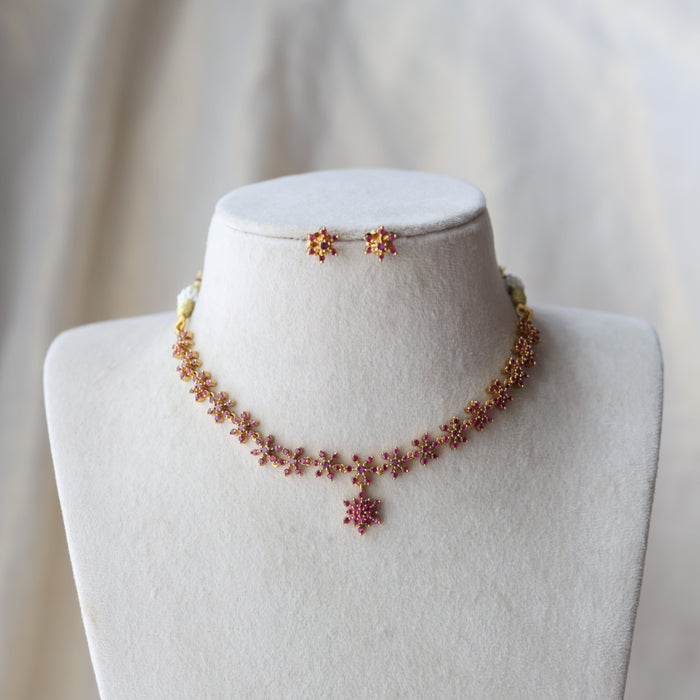Heritage gold plated ruby stone short necklace necklace with earrings H3011