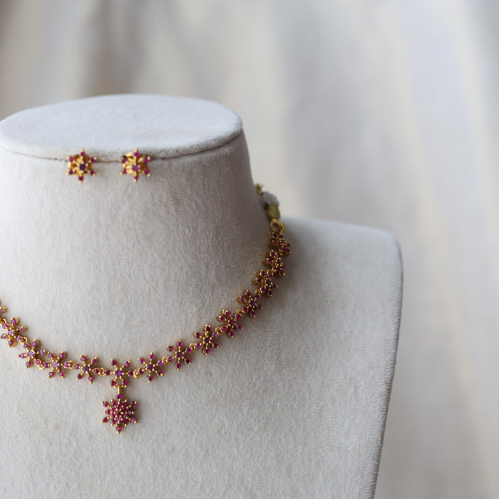 Heritage gold plated ruby stone short necklace necklace with earrings H3011