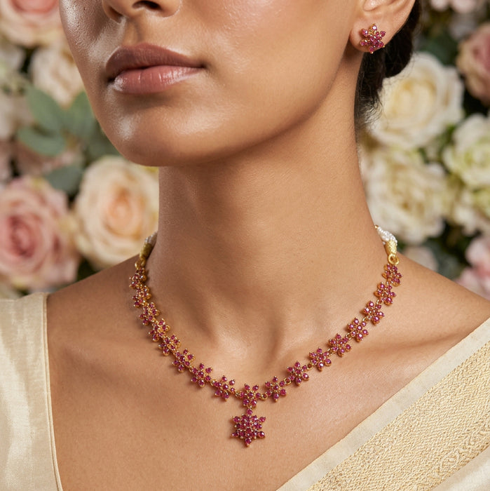 Heritage gold plated ruby stone short necklace necklace with earrings H3011