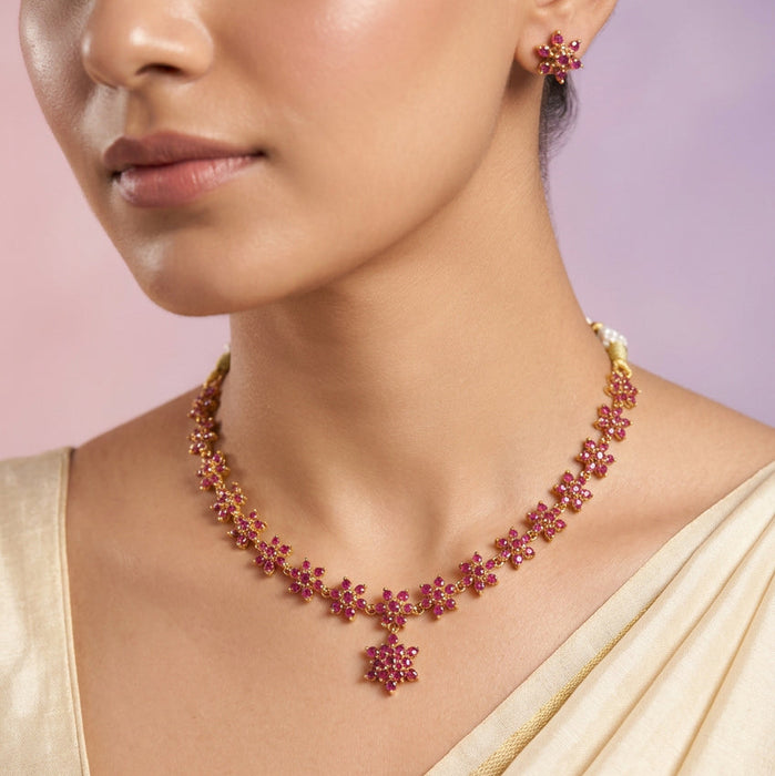 Heritage gold plated ruby stone short necklace necklace with earrings H3011