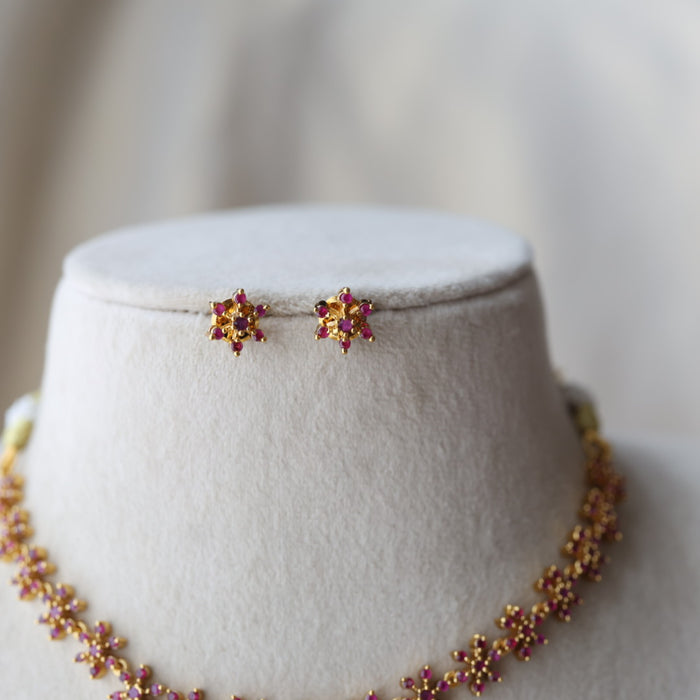 Heritage gold plated ruby stone short necklace necklace with earrings H3011