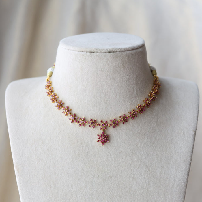 Heritage gold plated ruby stone short necklace necklace with earrings H3011