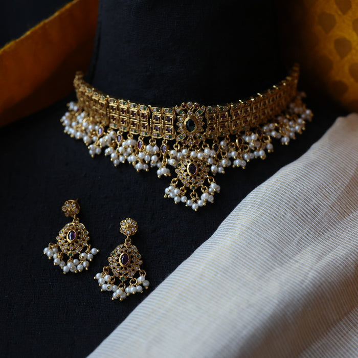 Antique ruby stone choker necklace with earrings CCB2110