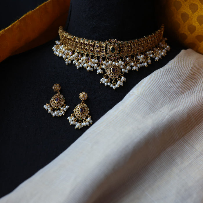 Antique ruby stone choker necklace with earrings CCB2110