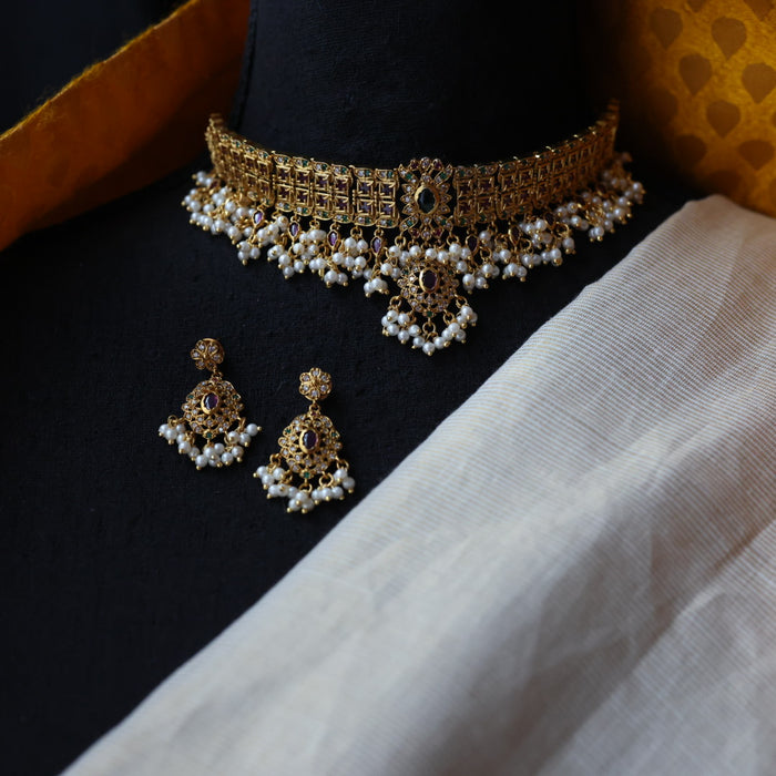 Antique ruby stone choker necklace with earrings CCB2110