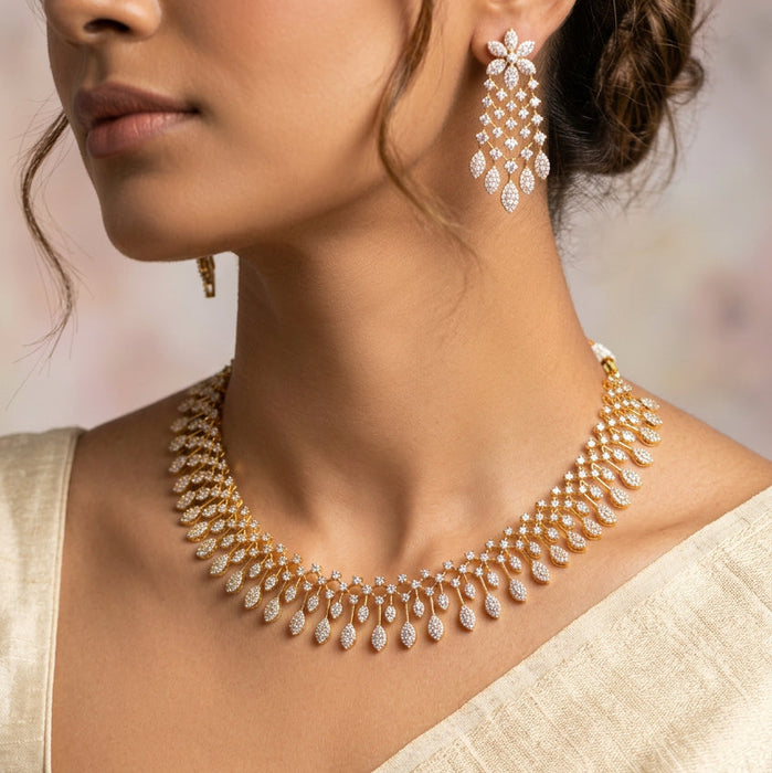 Heritage gold plated white stone short necklace with earrings H992