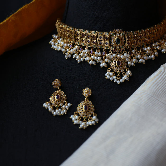 Antique ruby stone choker necklace with earrings CCB2110