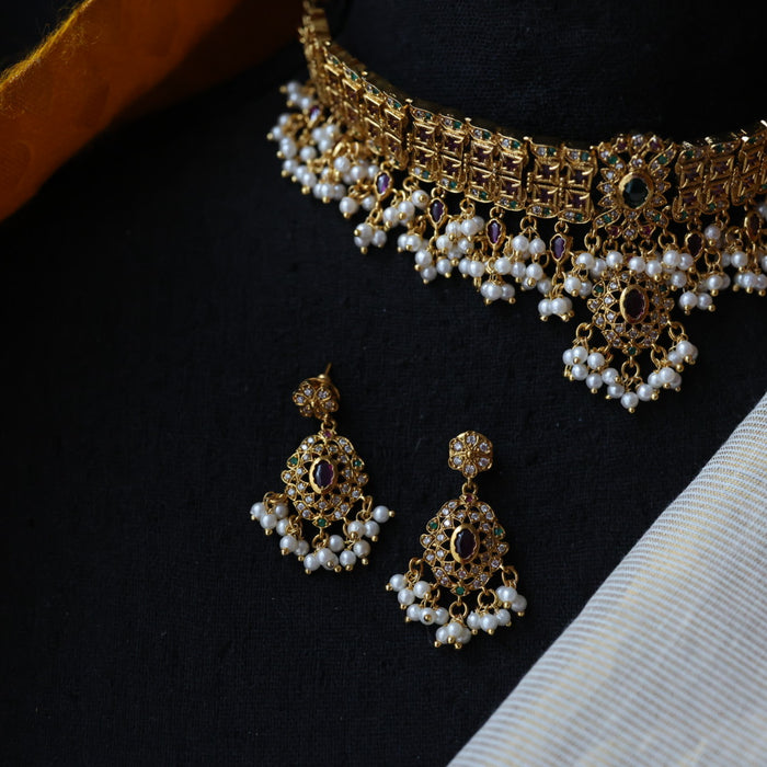 Antique ruby stone choker necklace with earrings CCB2110