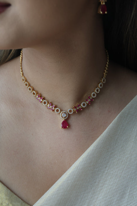 Heritage gold plated ruby & white stone short necklace with earrings H8137