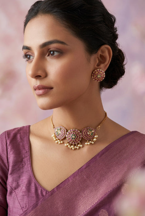 Antique ruby green choker necklace with earrings CCB128822