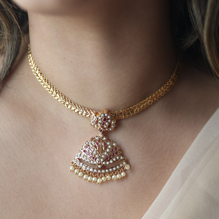 Heritage gold plated ruby stone and pearl short necklace with earrings H0022