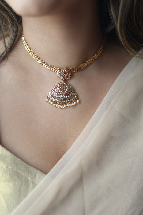 Heritage gold plated ruby stone and pearl short necklace with earrings H0022