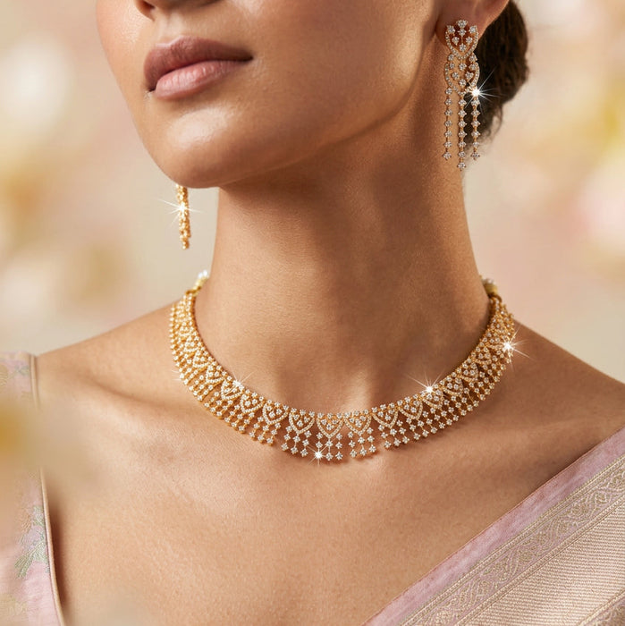 Heritage gold plated white stone short necklace with earrings H9233