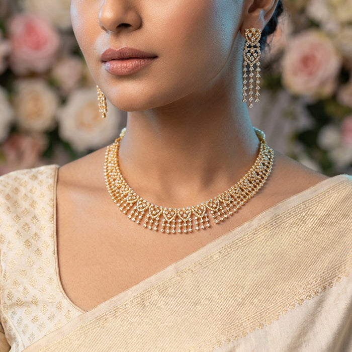 Heritage gold plated white stone short necklace with earrings H9233