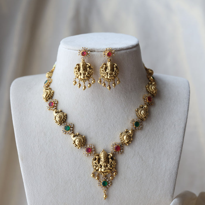 Antique ruby green temple design short necklace with earrings SS118223