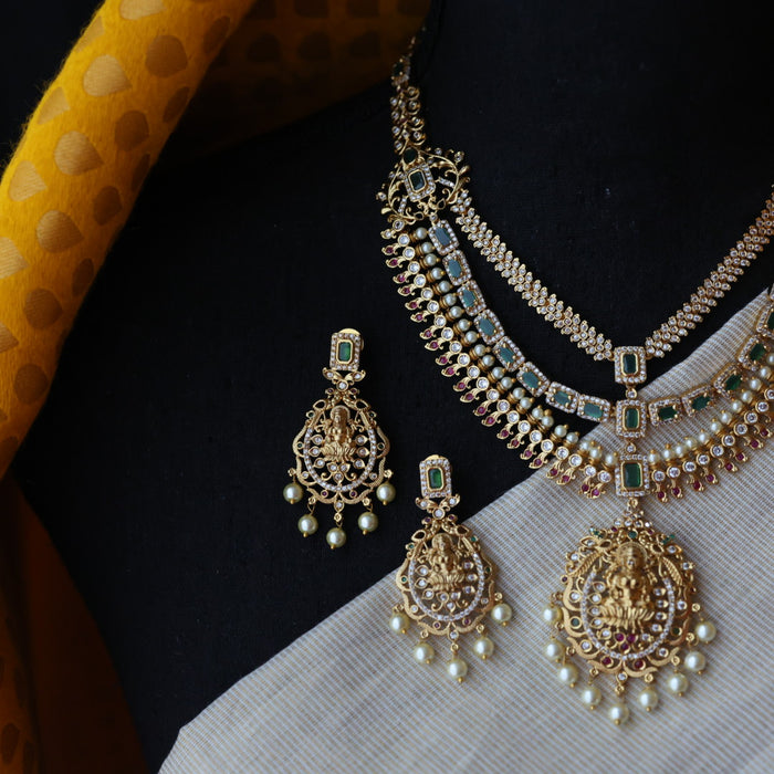 Antique green stone temple design short necklace with earrings SS115112