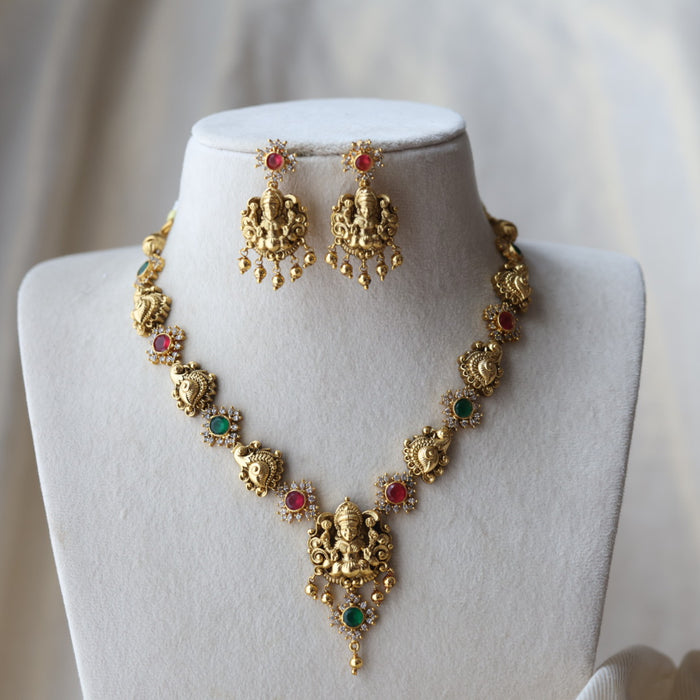 Antique ruby green temple design short necklace with earrings SS118223