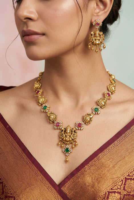 Antique ruby green temple design short necklace with earrings SS118223