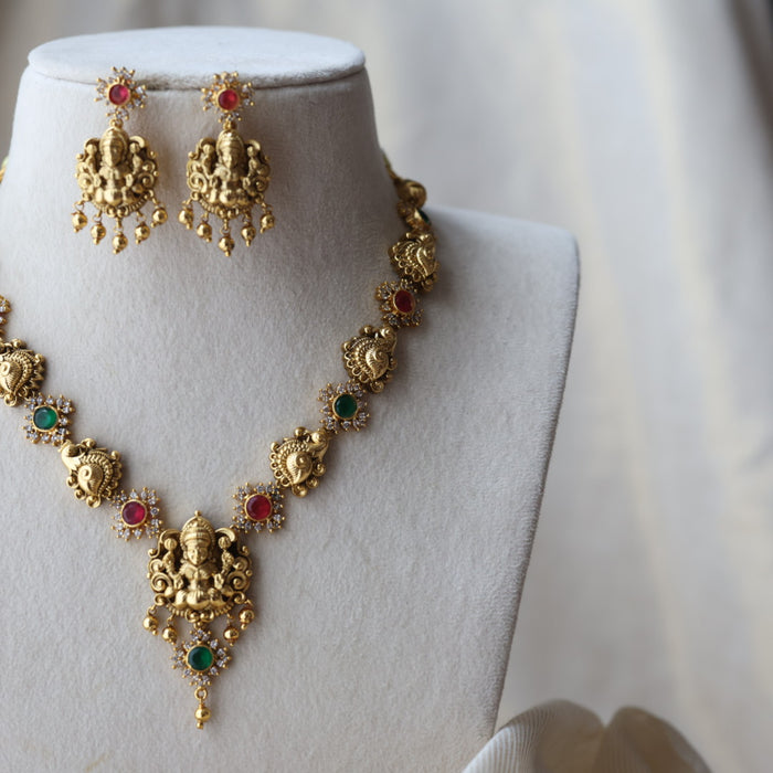 Antique ruby green temple design short necklace with earrings SS118223