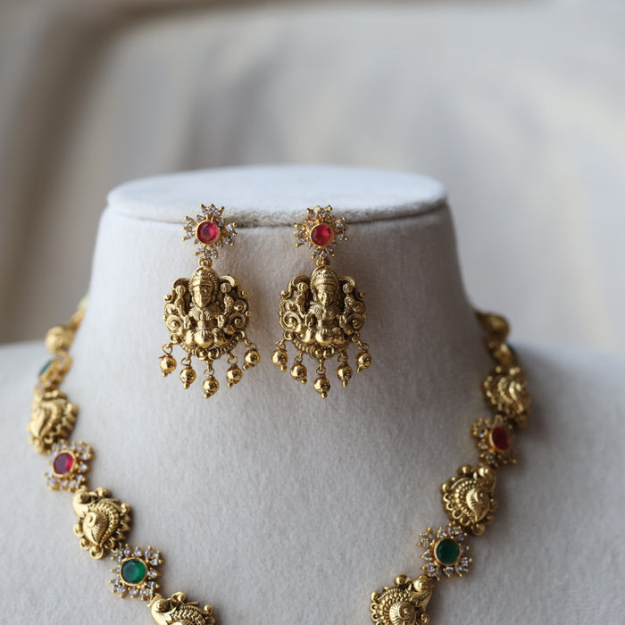 Antique ruby green temple design short necklace with earrings SS118223
