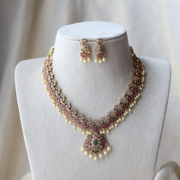 Antique ruby green and pearl short necklace with earrings SS118223