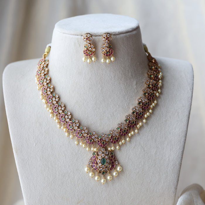 Antique ruby green and pearl short necklace with earrings SS118223