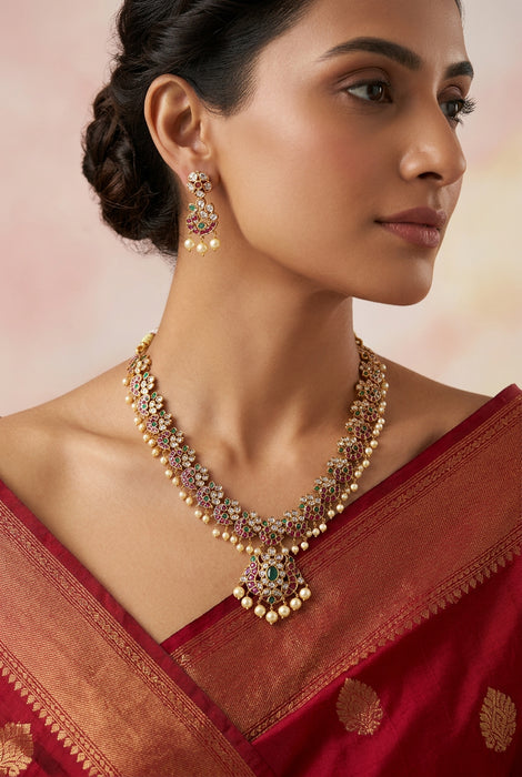 Antique ruby green and pearl short necklace with earrings SS118223