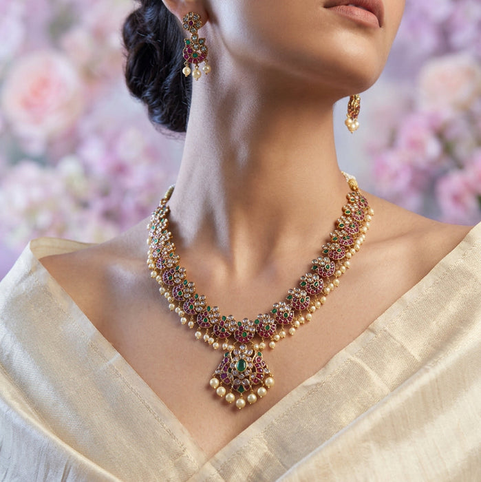 Antique ruby green and pearl short necklace with earrings SS118223