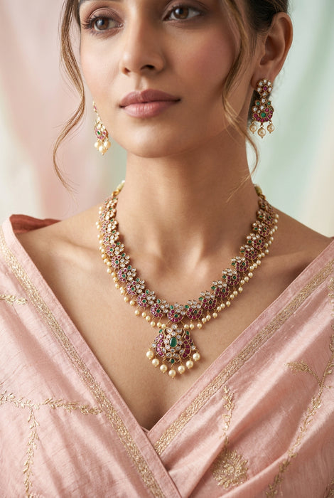Antique ruby green and pearl short necklace with earrings SS118223