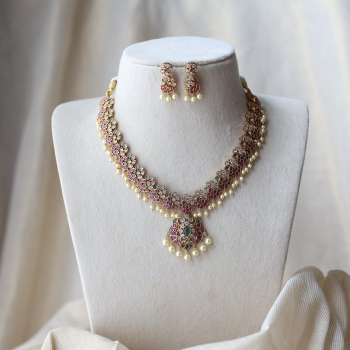 Antique ruby green and pearl short necklace with earrings SS118223