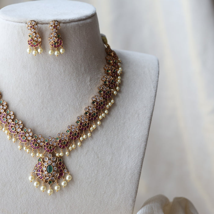 Antique ruby green and pearl short necklace with earrings SS118223