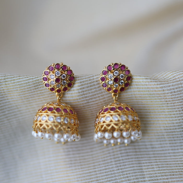 Heritage gold plated ruby white stone jumka earrings HJ1762